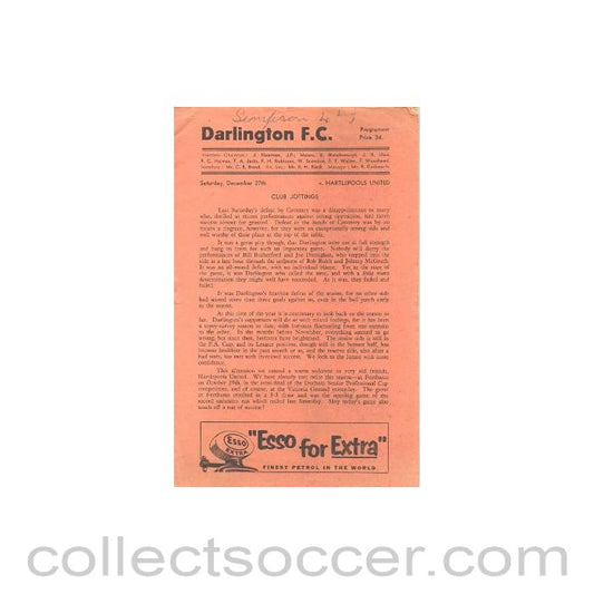 1958 - Darlington v Hartlepools official programe 27/12/1958