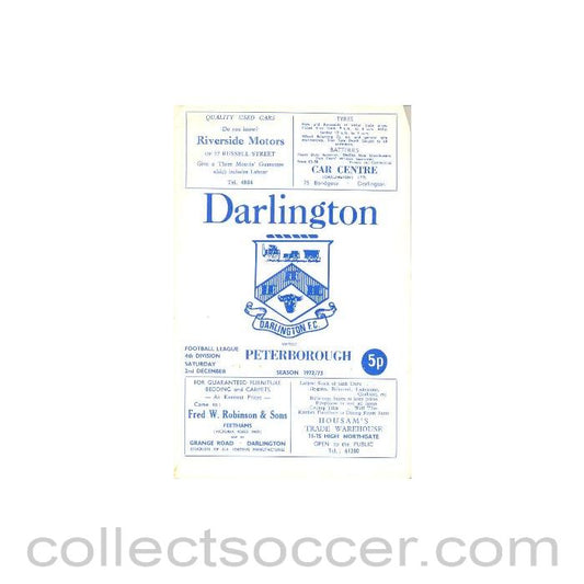 1972 - Darlington v Peterborough official programe 02/12/1972 Football League
