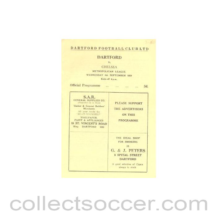 1959 - Dartford vChelsea Metropolitan League official programme 09/09/1959