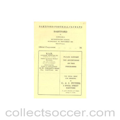 1959 - Dartford vChelsea Metropolitan League official programme 09/09/1959