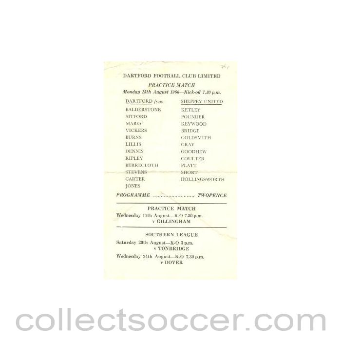 1966 - Dartford v Sheppey United official programme 15/08/1966 practice match