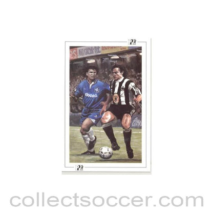 Newcastle United's French International David Ginola about to feel the challenge of Chelsea's Dutch International Maestro Ruud Gullit postcard