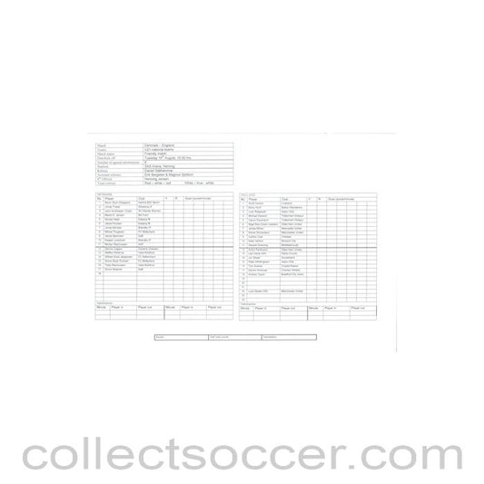 2005 - Denmark v England official teamsheet 16/08/2005 U21 Friendly Match