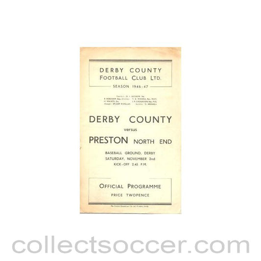1946 - Derby County v Preston North End official programme 02/11/1946