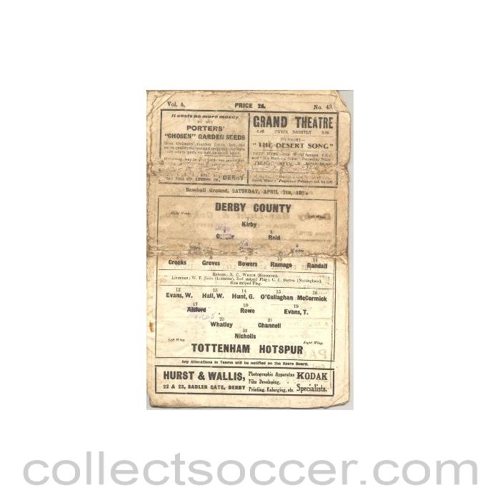 1934 - Derby County v Tottenham Hotspur official programme 07/04/1934