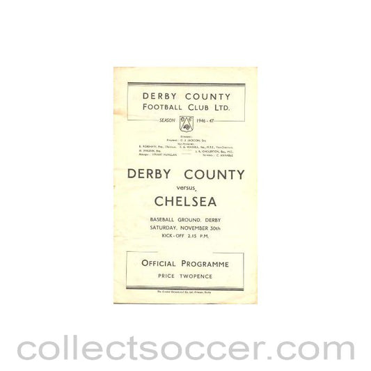 1946 - Derby County vChelsea official programme 30/11/1946, reduced price