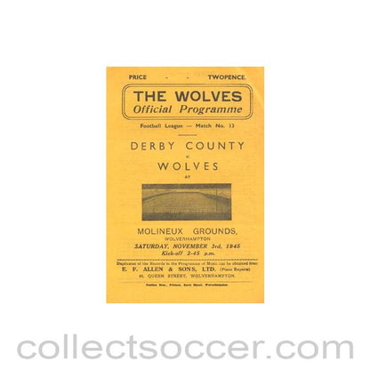 1945 - Derby County v Wolverhampton Wanderers official programme 03/11/1945