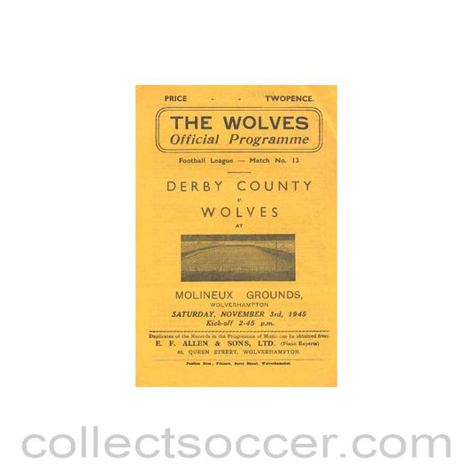 1945 - Derby County v Wolverhampton Wanderers official programme 03/11/1945