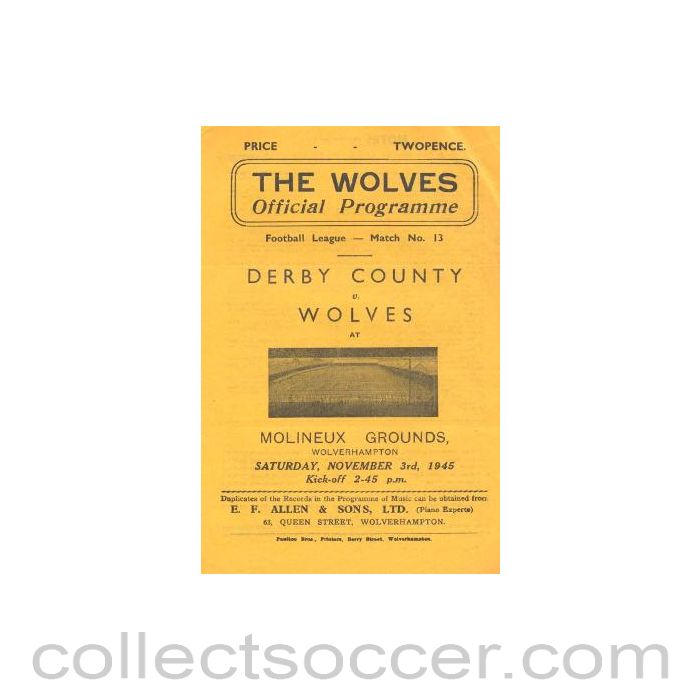 1945 - Derby County v Wolverhampton Wanderers official programme 03/11/1945