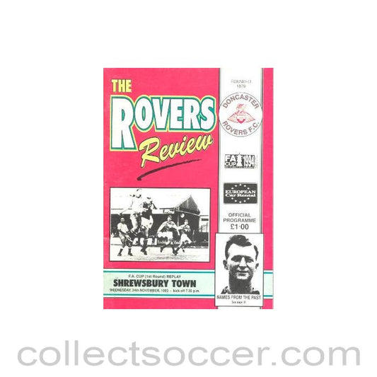 1993 - Doncaster Rovers v Shrewsbury Town official programme 24/11/1993 F.A. Cup 1st Round Replay