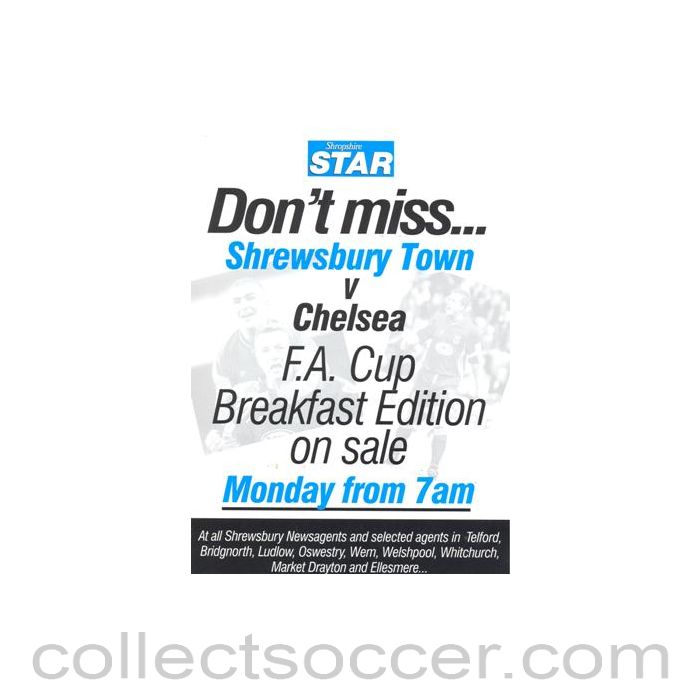 2003 - Shrewsbury Town v Chelsea 26/01/2003 F.A. Cup Breakfast Edition on sale - leaflet