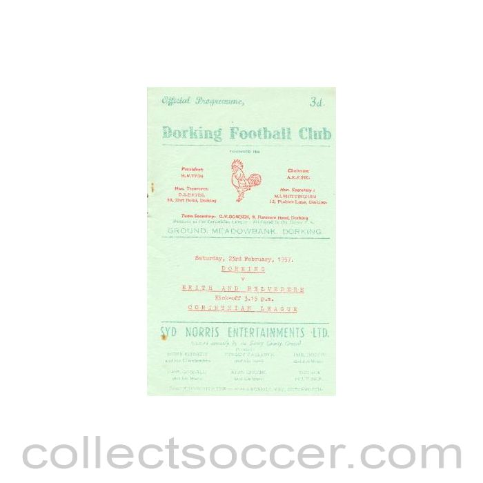 1957 - Dorking v Erith & Belvedere official programme 23/02/1957