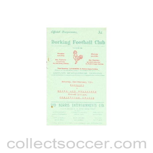 1957 - Dorking v Erith & Belvedere official programme 23/02/1957