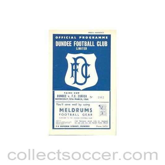 1968 - Dundee United v Zurich official programme 27/03/1968