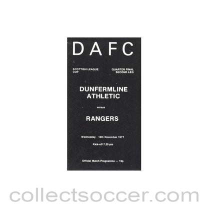 1977 - Dunfermline Athletic v Glasgow Rangers official programme 16/11/1977 Scottish League Cup