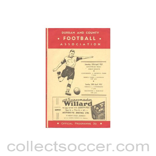 1957 Durban And County Football Association, South Africa official programme 27/04/1957