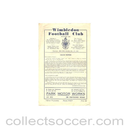 1959 - Wimbledon v Ilford official programme 14/02/1959