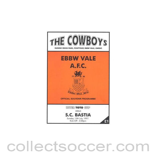 1997 - Ebbw Vale v Bastia official programme 13/07/1997 Intertoto Cup