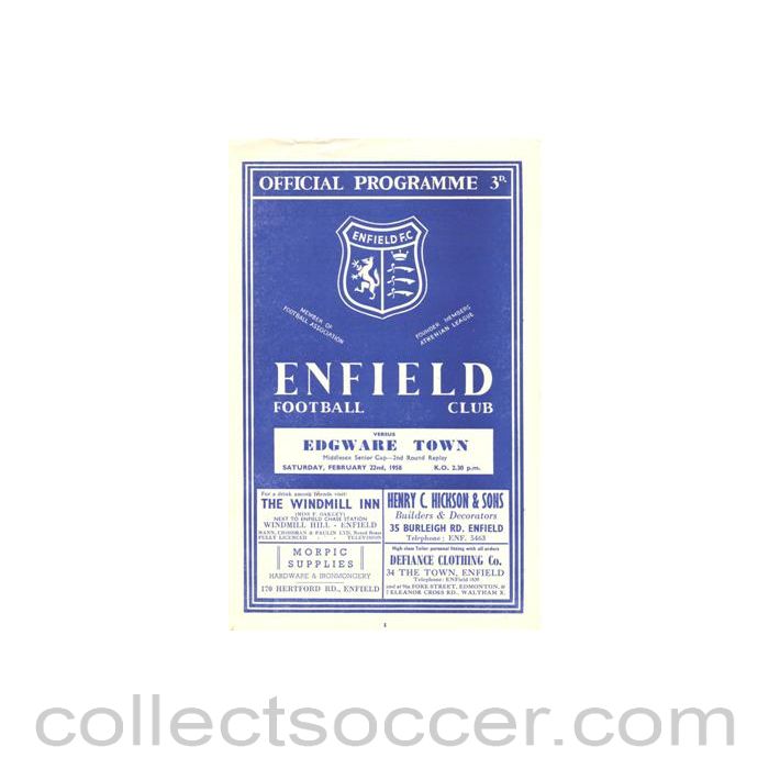 1958 - Enfield v Edgeware Town official programme 22/02/1958