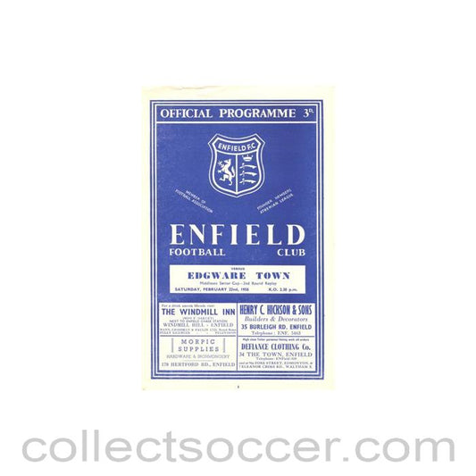 1958 - Enfield v Edgeware Town official programme 22/02/1958