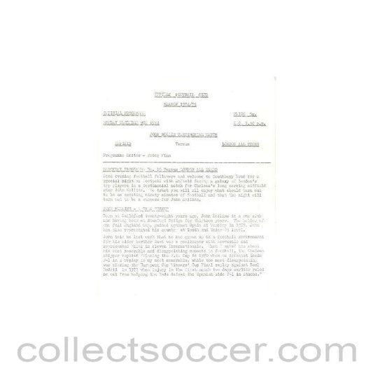 1974 - Enfield v London All Stars official programme 09/12/1974