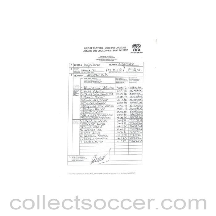 2005 - England v Argentina - Argentina Team official handwritten teamsheet 12/11/2005