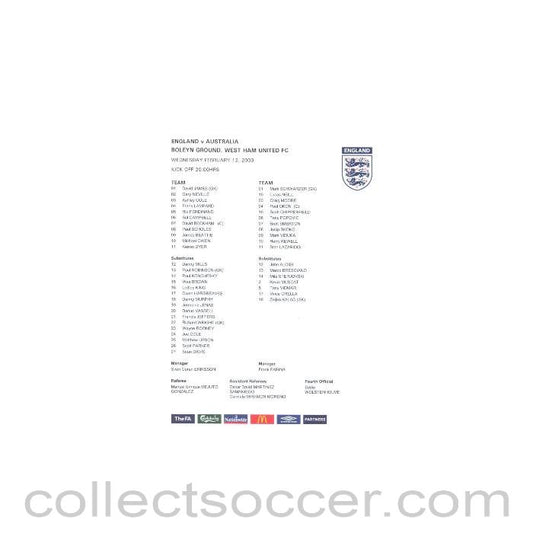 2003 - England v Australia Colour Teamsheet 12/02/2003