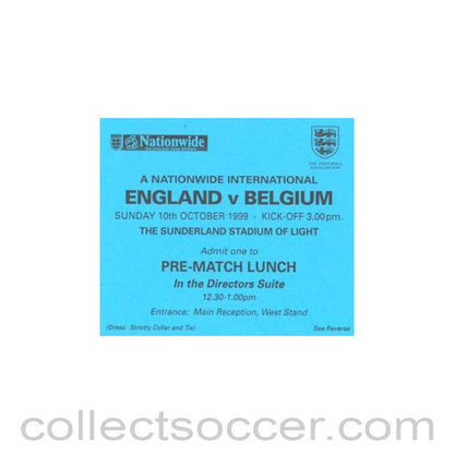 1999 - England v Belgium 10/10/1999 pass to Pre-Match Lunch In the Directors Suite