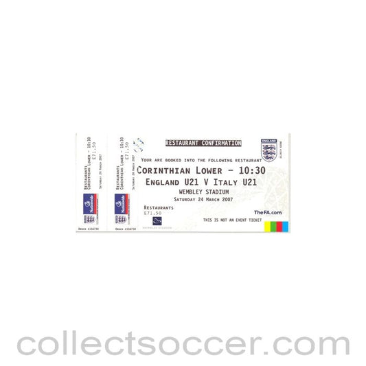 2007 - England U21 v Italy U21 unused Ticket 24/03/2007, first match on Wembley Stadium