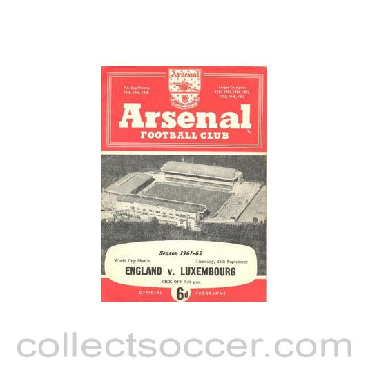 1961 - England v Luxembourg, Arsenal produced official programme 28/09/1961