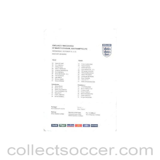 2002 - England v Macedonia official teamsheet 16/10/2002