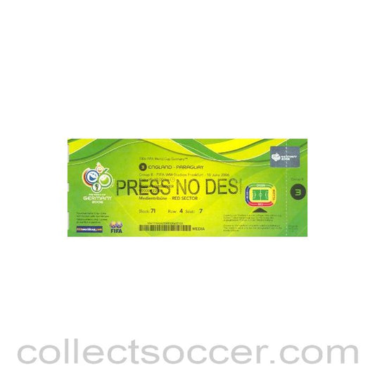 2006 - World Cup Germany 2006 England v Paraguay press pass 10/06/2006