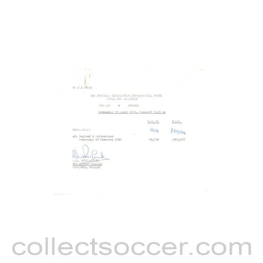 1980 - England v Switzerland 19/11/1980 and England v Rumania 29/04/1981 report of the Box Office Manager final sales, originally signed