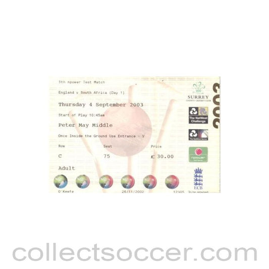 2003 - England v South Africa cricket ticket 04/09/2003