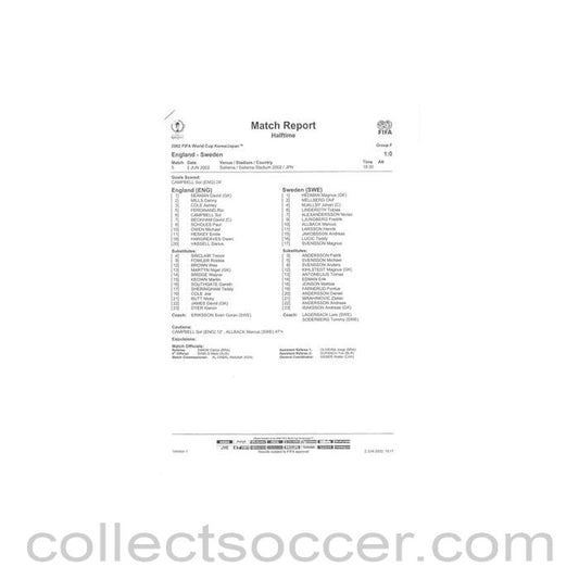 2002 World Cup - England v Sweden 02/06/2002 Match Report & Game Statistics Half Time