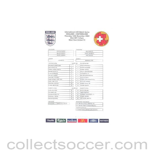 2002 - England v Switzerland 12/12/2002 U20 Colour Teamsheet
