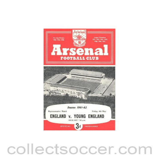 1962 England v Young England official programme 04/05/1962 at Arsenal