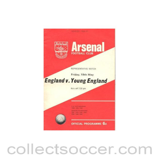 1967 England v Young England official programme 19/05/1967 At Arsenal