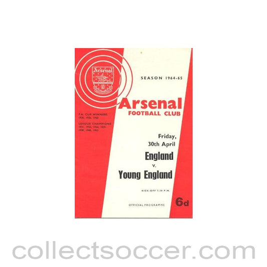 1965 England v Young England official programme 30/04/1965 at Arsenal