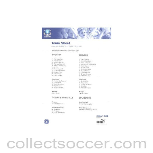 2002 - Everton v Chelsea official teamsheet 07/12/2002