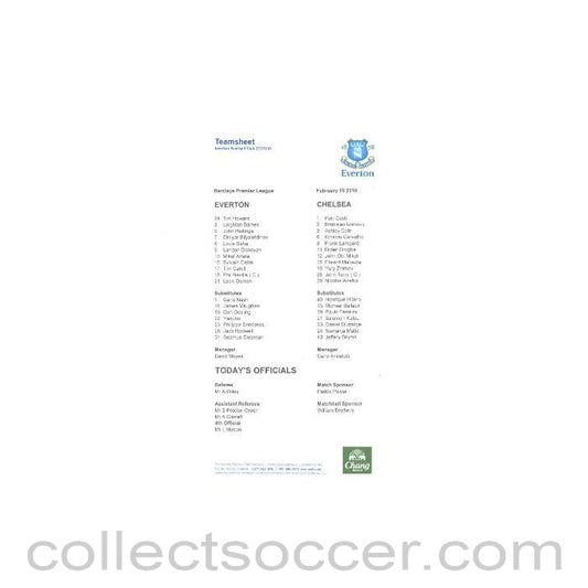 2010 - Everton v Chelsea 10/02/2010 teamsheet