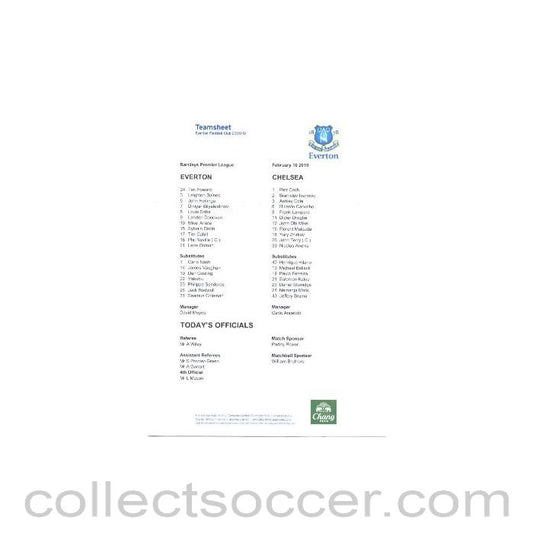 2010 - Everton v Chelsea teamsheet 10/02/2010 Premier League