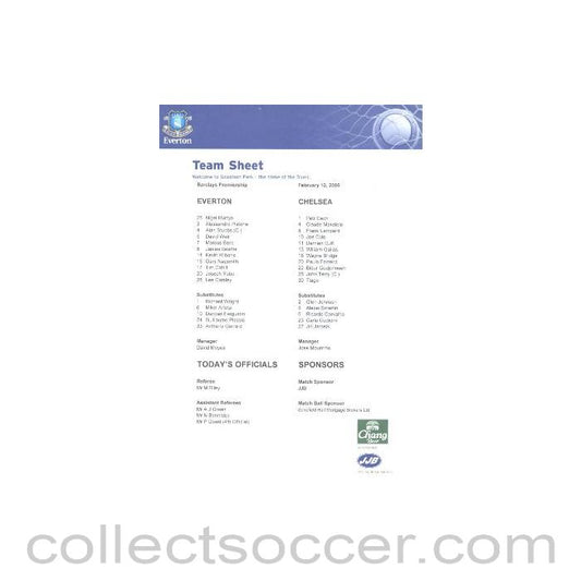 2005 - Everton v Chelsea official teamsheet 12/02/2005 Barclays Premiership match