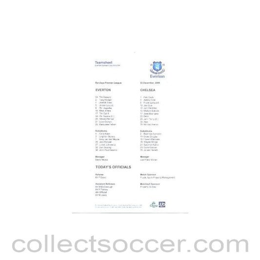 2008 - Everton v Chelsea official teamsheet 22/12/2008