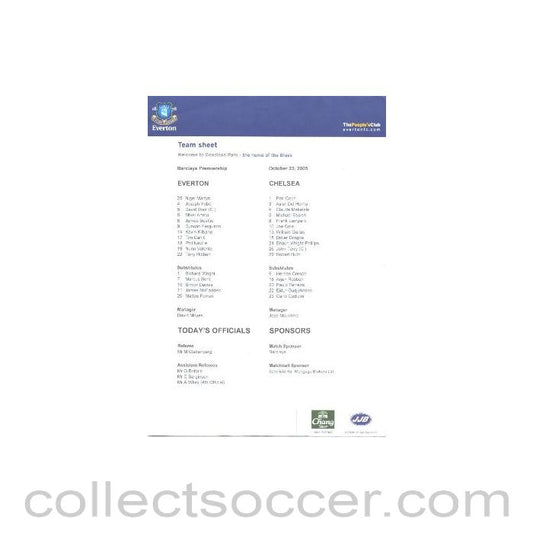 2005 - Everton v Chelsea official teamsheet 23/10/2005