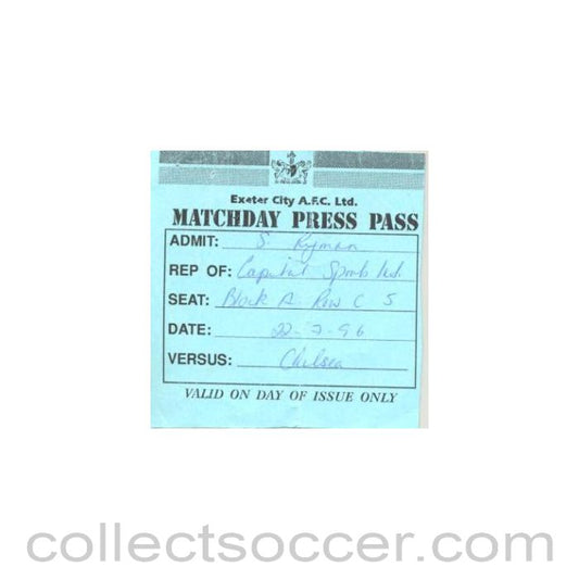 1996 - Exeter v Chelsea press pass 22/07/1996