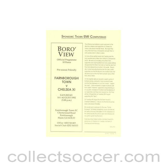 1992 - Farnborough Town vChelsea XI official programme 01/08/1992 Friendly Match, the yellow programme