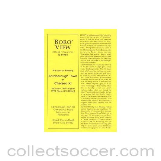 1991 - Farnborough Town vChelsea XI official programme 10/08/1991