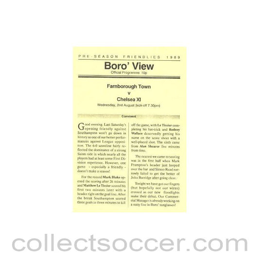 1989 - Farnborough Town vChelsea official programme 02/08/1989
