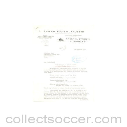 1962 - Letter from Arsenal Stadium, originally signed by the Secretary, of 06/11/1962 to Alan Hardaker of The Football League